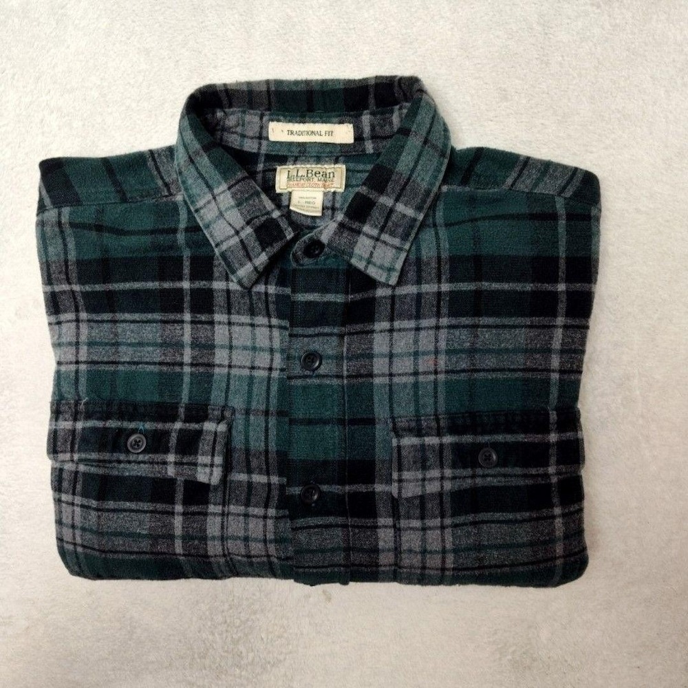 L.L. Bean Shirt Men L Green Plaid Flannel Button-Up Chamois Cloth Outdoor 277981